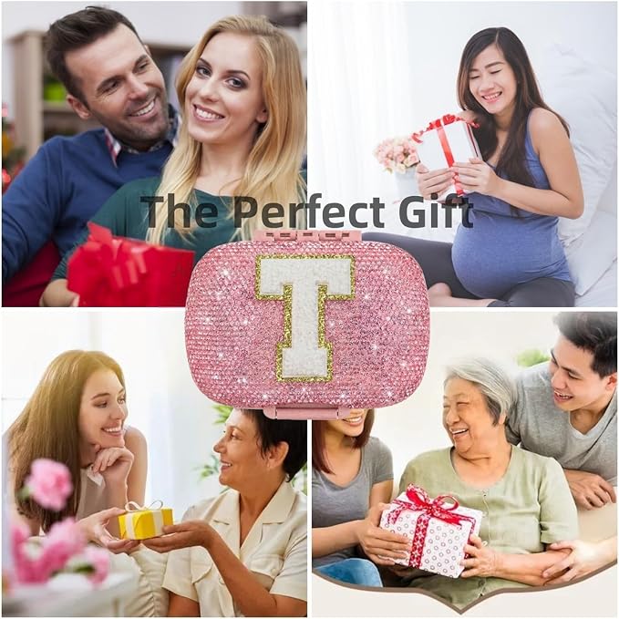 Cute Pill Organizer Small Bling Pill Case for Purse Medicine Vitamin Container Holder Daily Pill Box Container for Women Travel Medicine Kit(Letter T Pink)