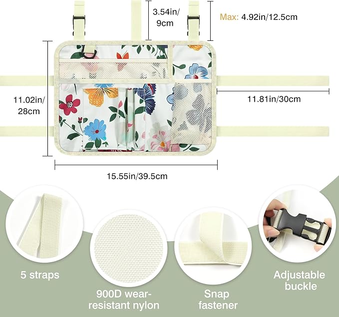 MoKo Walker Bag, Walker Basket with Water Cup Holder, Accessories for Seniors with Multiple Pockets and Zippered Compartment, Storage Pouch for Rolling Folding Walkerm, Beige & Butterfly