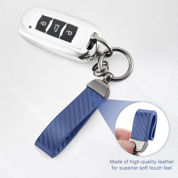 JUSTTOP Leather Keychain, Carbon Fiber Car Key Chain with Anti-Lost D-Ring and 2 Key Ring, Keychain Wristlet, Car Accessories, Universal Keychain for Men and Women (Blue)
