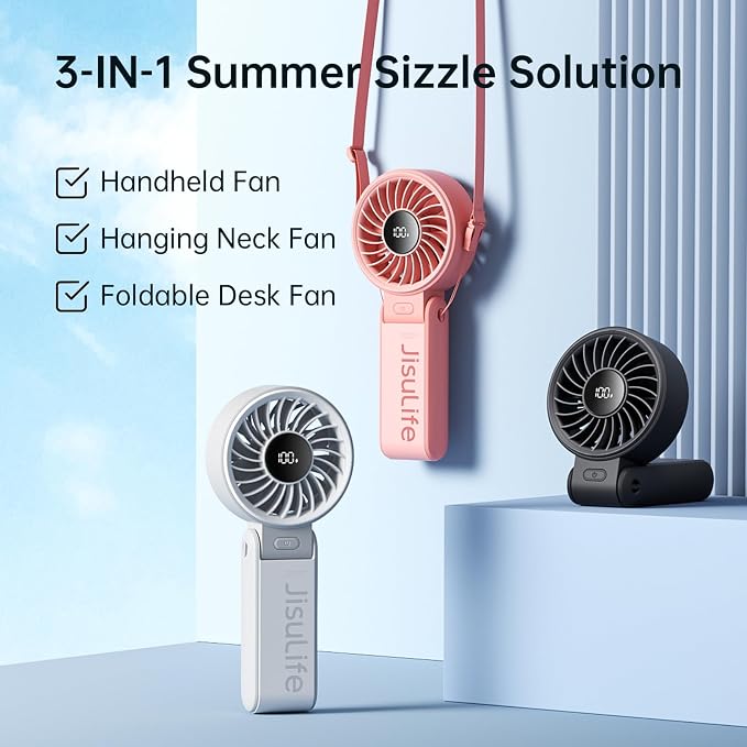 JISULIFE Portable Handheld Fan Life7: 3-in-1 Hand, Desk & Neck Fan-Black | 19.5H Max Cooling, 5-Speed, LED Display, 5000mAh Rechargeable,USB Foldable Fan for Travel/Concerts/Cruise/Sports Events/Gifts