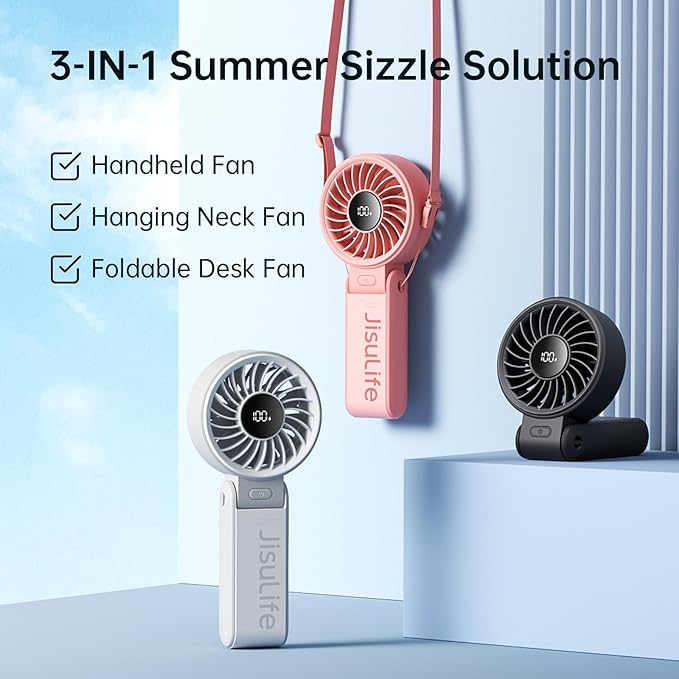 JISULIFE Portable Handheld Fan Life7: 3-in-1 Hand, Desk & Neck Fan-Pink | 19.5H Max Cooling, 5-Speed, LED Display, 5000mAh Rechargeable,USB Foldable Fan for Travel/Concerts/Cruise/Sports Events/Gifts