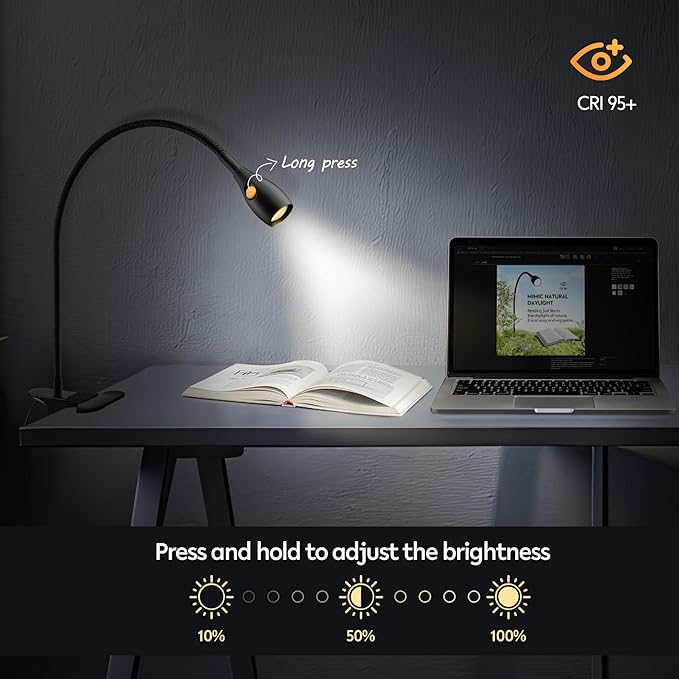 acegoo Minimalist Reading Light for Bed Headboard Dimmable Book Light Clip on Lamp with USB-C Adapter, Flexible Neck & Handy Lamp Head Switch, CRI 95+