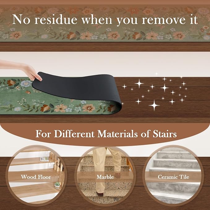 OJIA Green Stair Treads Non-Slip Stair Runner for Wooden Steps 15PC 30"x8" | Indoor Stair Mats Carpet Stair Treads Staircase Step Treads for Kids, Elders and Dogs, Floral Stair Covers