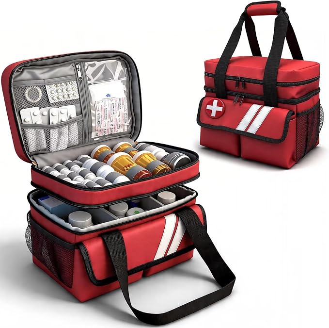 Double Layers Medicine Organizer Storage Bag with Dividers, First Aid Bag with Medic First Aid Badge, Medical Bag for Medical Supplies & Equipment