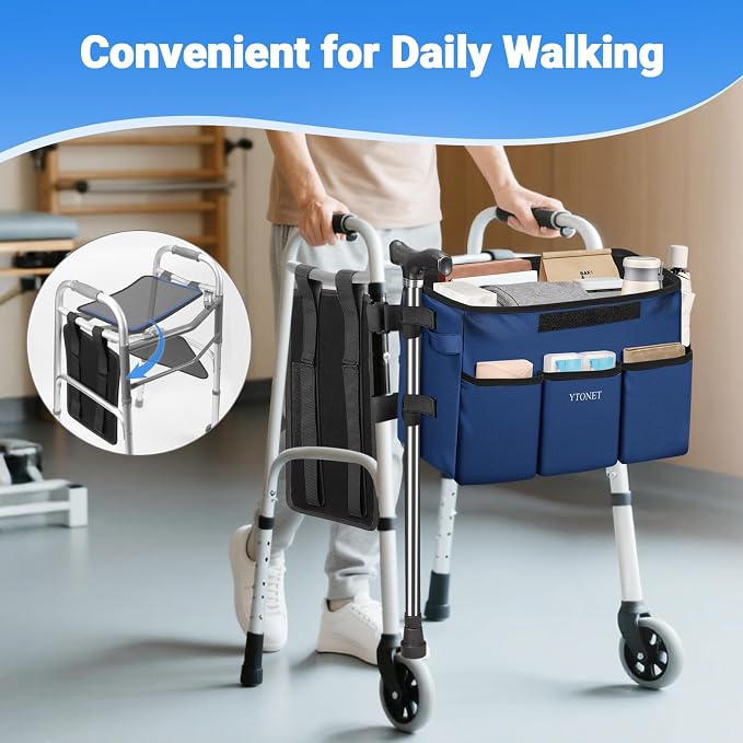Ytonet Walker Basket with Tray, Removable Walker Tray for Folding Walker | Water Resistant Walkers Bag with Phone and Crutch Holder Large Capacity Anti-Tip Design Accessories for Seniors