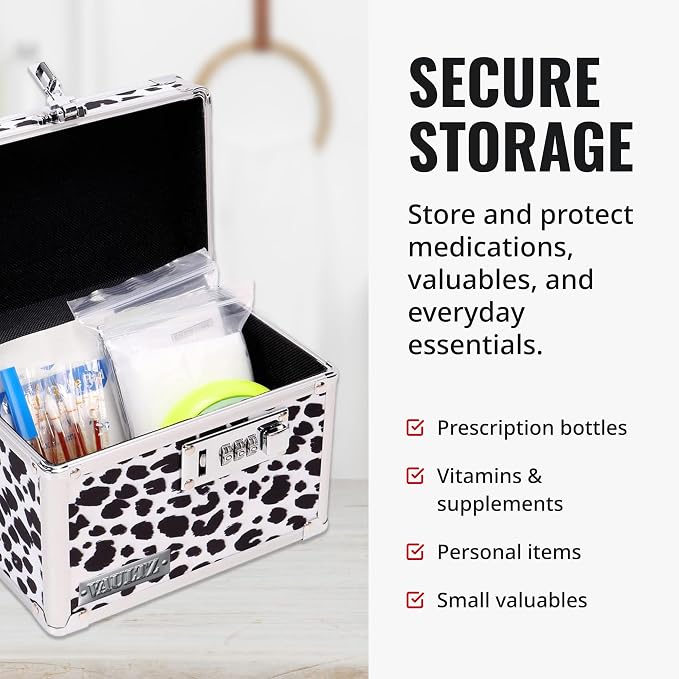 Vaultz Locking Medicine Box with Combination Lock - Secure Metal Lock Box Safe for Medication, Pills & Valuables, Small Lockbox with Code, Portable Storage Case, Leopard