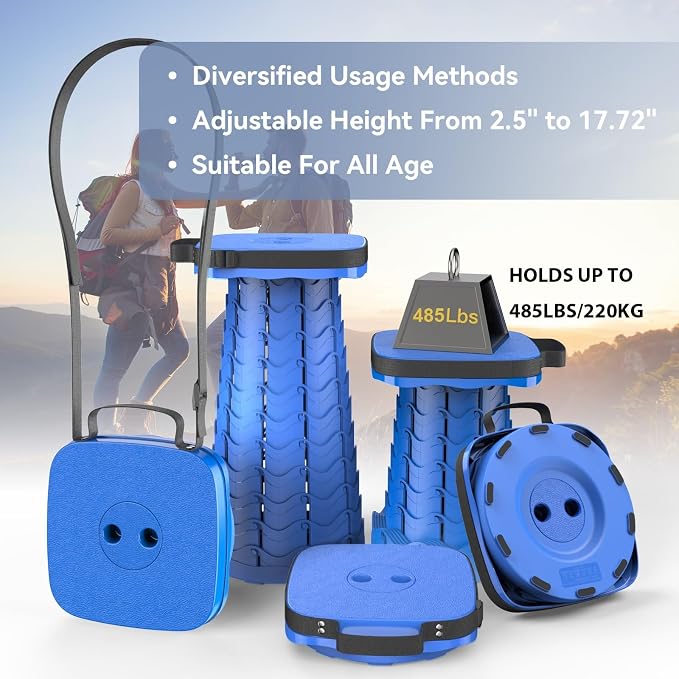 2026 Upgraded Collapsible Stool, Portable Folding Stool, Telescoping Camping Stool with Max Load Capacity 485lbs, Square Retractable Seat for Camping Gardening Fishing Hiking BBQ [Blue]