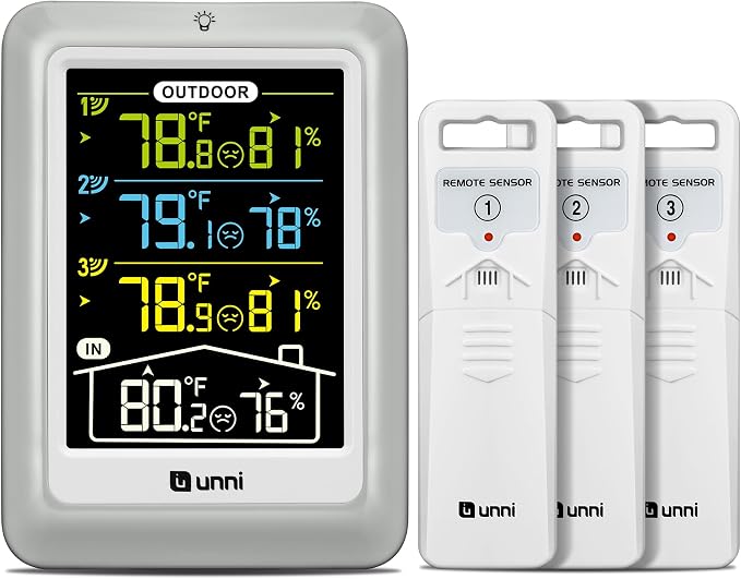 Indoor Outdoor Thermometer Wireless 4.5 Inch Display Digital Hygrometer | Temperature Humidity Monitor with 330ft Range Sensor and Adjustable Backlight with 3 Sensors (Multi)