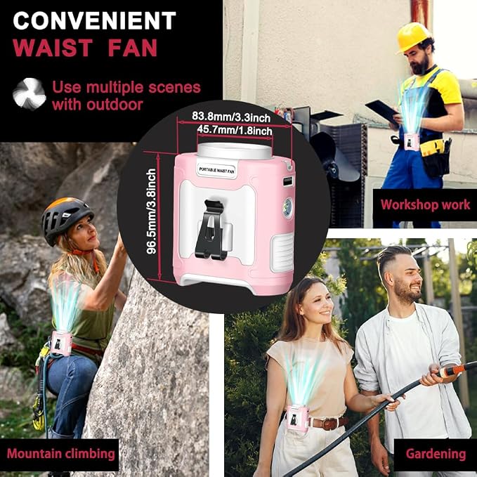 CAZOKASI 2024 Upgrade 10000mAh Waist Clip Portable Personal Body Fan - Powerful Upto 40H Cooling and Heatstroke Prevention (Gray and Orange, Pink White)