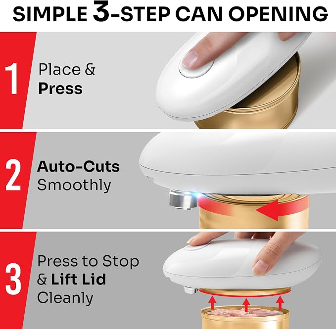 MUELLER HOME SmoothEdge Auto Electric Can Opener – Battery‑Operated One‑Touch w Magnet Lid Lifter, Smooth‑Edge Cut Technology – Portable Hands‑Free Automatic Can Opener for Seniors & Arthritis, White | Battery-Operated, One-Touch w Magnet Lid Lifter, S...