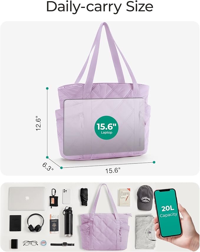 BAGSMART Crush Tote Bag for Women, 20L Puffer Work Tote with Zipper | Quilted Nurse Hospital Bag For Travel College Gym