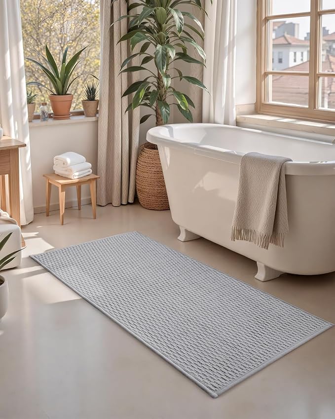 Color&Geometry Bathroom Rugs with Rubber Backing, Non Slip Machine Washable Bath Mat, Soft Absorbent Chenille Boho Carpet for Bathroom Floor, Tub and Shower,17"x47", Light Grey