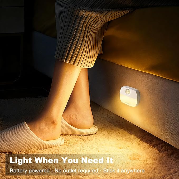 DiCUNO Motion Sensor Night Light, Stick-On, Battery Operated, 3000K, 4-Pack | Stick-On Nightlight with Dusk to Dawn Sensor, 20lm, Warm White, 0.5W, Night Lights LED for Bedroom, Bathroom, Hallway, Stairs