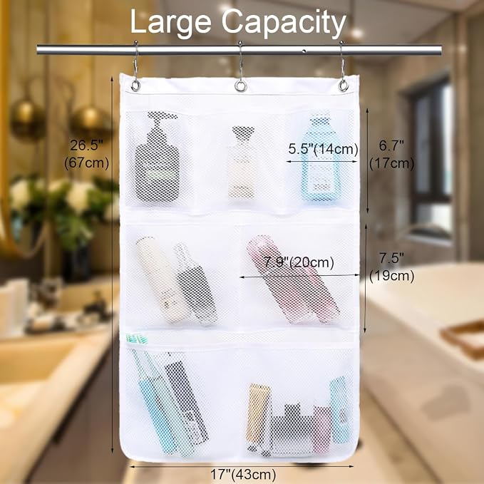 GYEUKHAM Mesh Shower Caddy Hanging Organizer with 7 Pockets and Hooks, Portable Quick Dry Bathroom Storage for College Dorm, Cruise, RV, Gym, Travel Toiletry Bag, White, 2 Pack