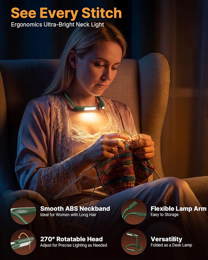 Bendable Neck Light with Storage Case, Dimmable Reading Light | Eye Care, Foldable, Ergonomic, Comfortable, 80H Rechargeable Book Lamp, Knitting Crafting Crocheting Sewing Supplies