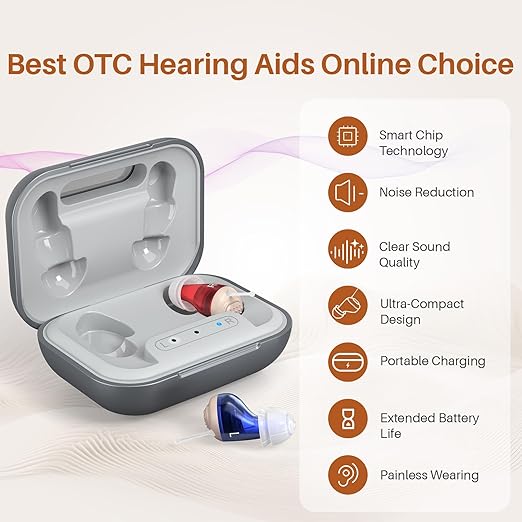Hearing Aids for Seniors, Rechargeable OTC Hearing Aids for Adults with Charging Case, 80-Hour Battery Life, Super-Mini Invisible Design, Advanced Noise Reduction Technology (Silver Grey)