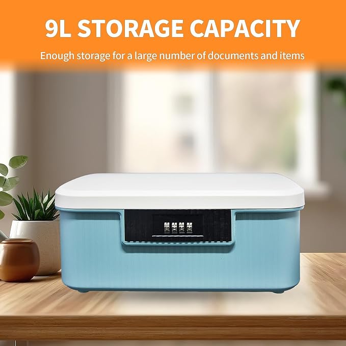 Saim Lockable Storage Container Bin, 2.3 Gallon / 9 Liter Capacity Organizer Box with Combination Lock, Heavy Duty Plastic Trunk, Usable As Item Organizer Or Office File Storage (Blue)