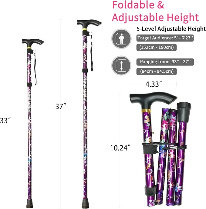 Folding Canes for Men and Women, Floral | 5-Level Adjustable Height, Lightweight Collapsible, Aluminum, Wrist Strap, T Handle, Walking Sticks for Seniors Adults