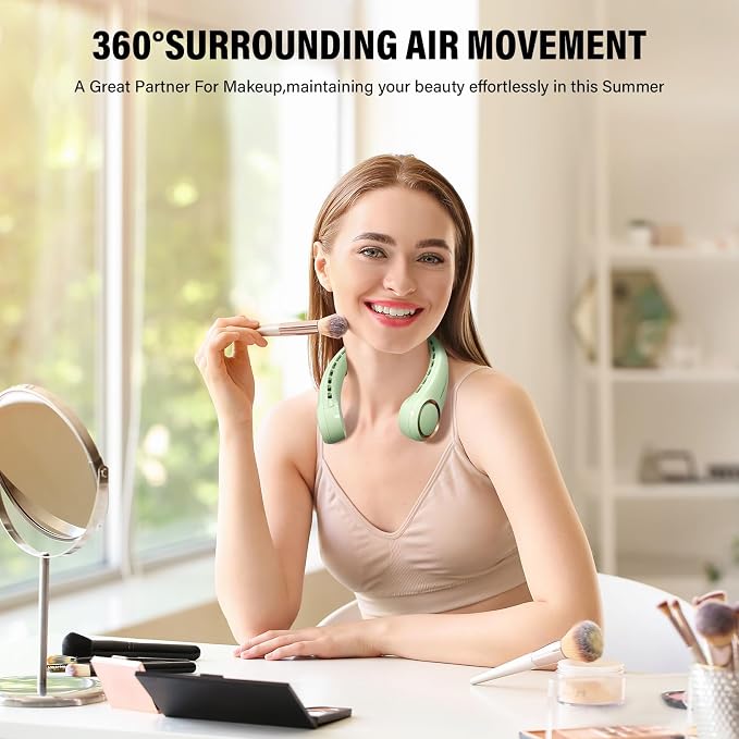 Jancane Portable Neck Fan, USB Rechargeable Personal Fan, 3 Speeds Adjustable, Large air outlet Powerful Strong Wind, Adjustable, 360° Cooling, Super Quiet, No Blade Design, No Hair Twisting,(Green)