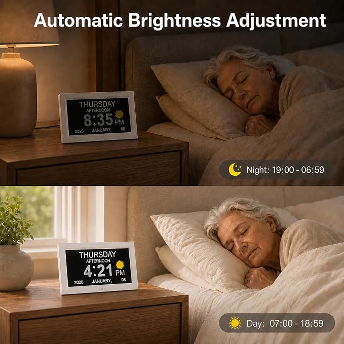 JALL 7" Digital Calendar Day Clock for Seniors 2026, Non-Abbreviated with Day & Date, Easy-to-Read Alzheimer's Dementia Clock for Elderly, Auto-Dimming, 8 Custom Alarms, Auto DST, White