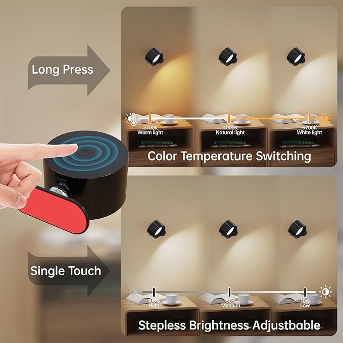 3Pack Battery Operated Wall Sconce, 3 Color Modes 3 Brightness Levels 360°Rotation Lighting Timer Touch & Remote Control, Wall Mounted Lamp LED Wall Lights for Bedroom Reading Bedside (Black)