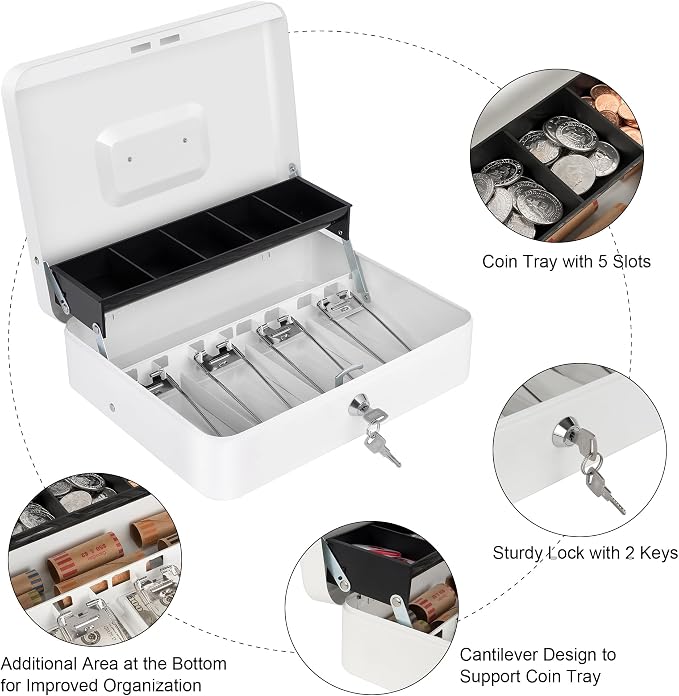Sumerfnt Cash Box with Lock and Money Tray Money Box for Cash, Metal Lock Box for Money Cash Register - 11.8" x 9.4" x 3.54" White