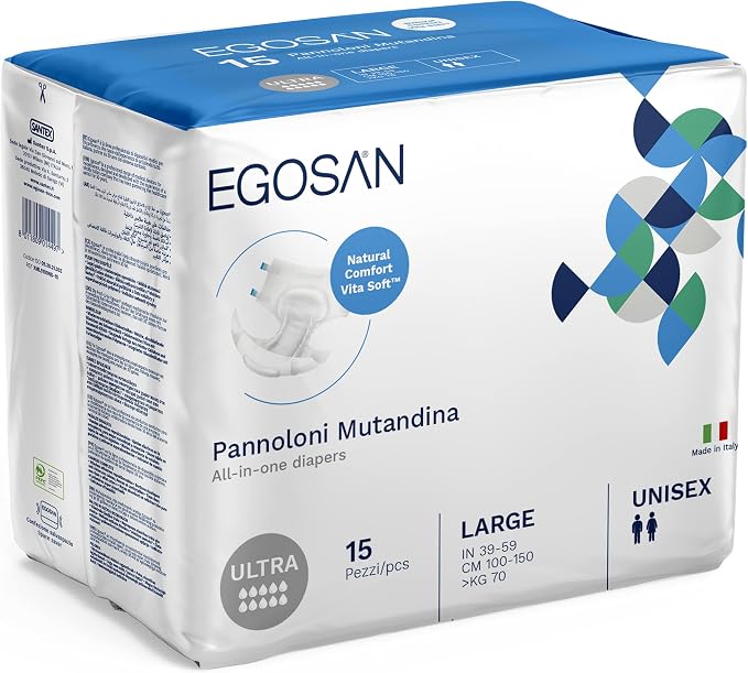 Egosan Ultra Incontinence Disposable Adult Diaper Brief Maximum Absorbency and Adjustable Tabs for Men and Women (Large, 15-Count)