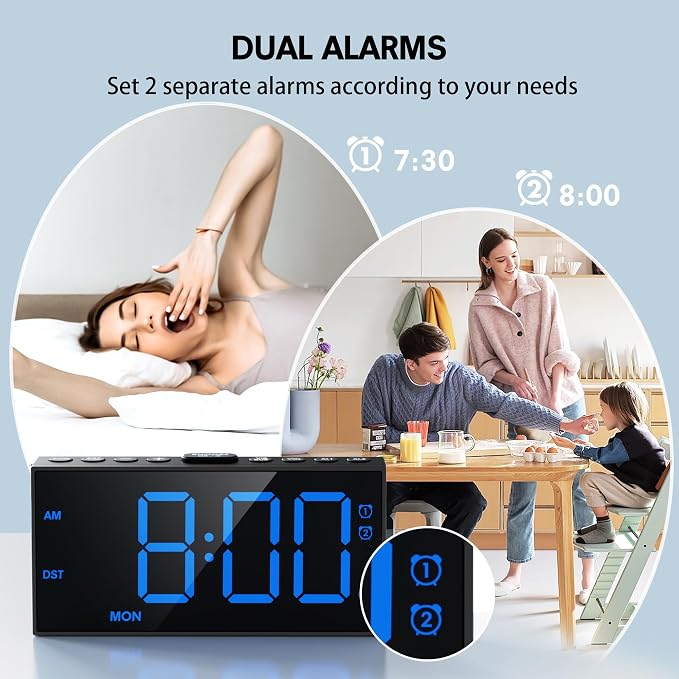 Mesqool Loud Alarm Clock with Bed Shaker & Dual Alarms, USB Port | Extra Loud Vibration Alarm Designed for Heavy Sleepers & Hearing Impaired. 5-level Dimmer, Battery Backup, Snooze & DST.