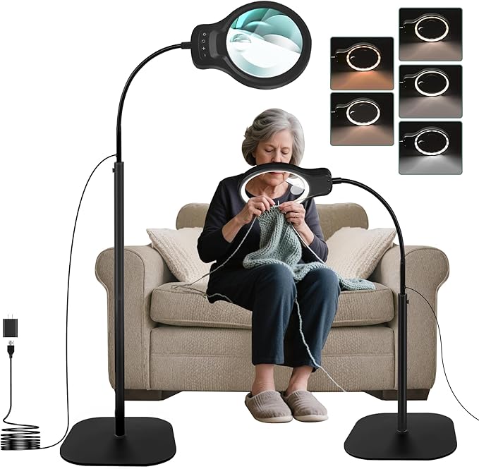 10X 30X Magnifying Glass with Light and Stand, 5" Large Floor Magnifier for Close Work, 5 Color Modes, Lighted Magnifying Lamp for Reading, Jewelers, Crafts, Sewing