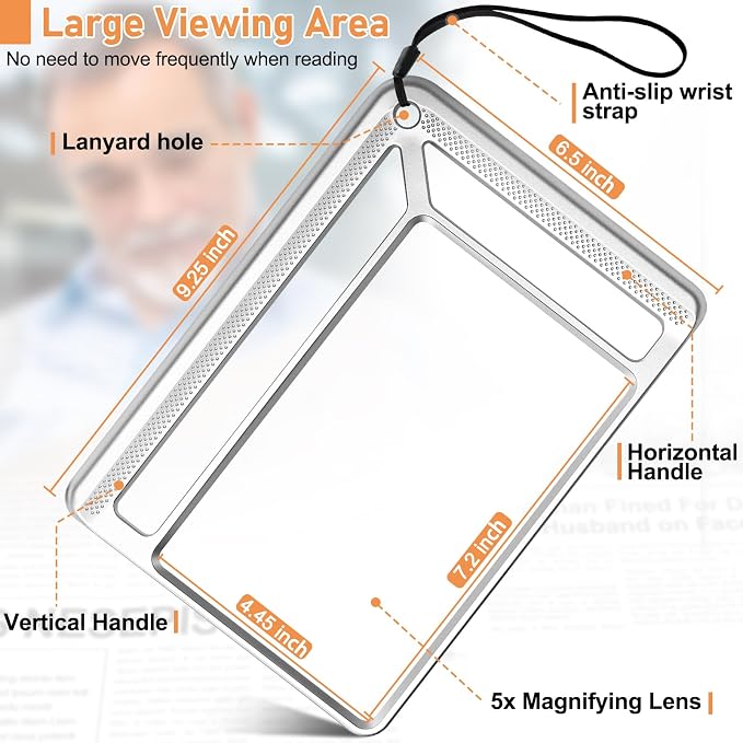 AKKYCVS 5X Full Page Magnifying Glass for Reading, Lightweight Rectangular Magnifier Provides Large Book Page Viewing Area, Handheld Magnifier for Reading Small Prints for Seniors, Low Vision-Silver