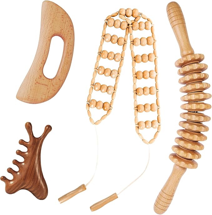 4Pcs Wood Therapy Massage Tools Lymphatic Drainage Massager Wooden Massager Body Sculpting Tools for Maderoterapia,Anti-Cellulite,Pain Relief(4-in-1 Massager)
