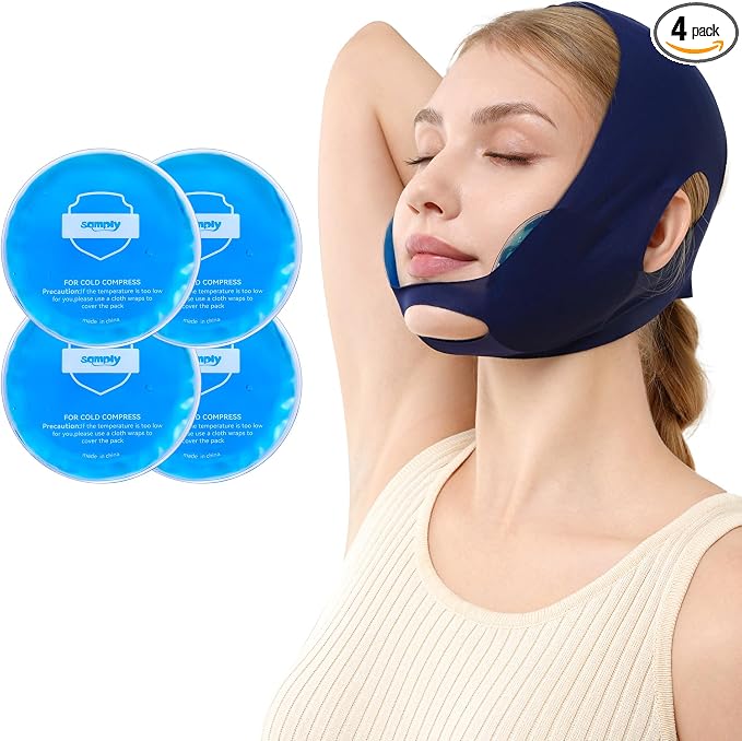 samply Wisdom Teeth Ice Pack Head Wrap with 4 Reusable Gel Cold Packs, Adjustable Face Ice Mask for Jaw & Cheek, Cold Compress, Navy Blue