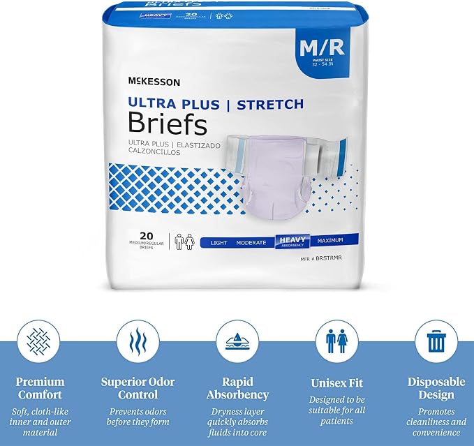 McKesson Ultra Plus Stretch Briefs, [80 Count], M/R, 32-54 in. Incontinence Adult Diapers, Heavy Absorbency, Unisex, Disposable, Elastic Leg Gathers and Contoured Fit for Men and Women