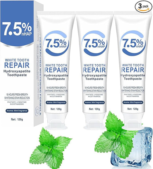 3 Pcs 7.5% Hydroxyapatite Toothpastes for Enamel Protection and Tooth Strengthening, Stain Removal, Whitening Tooth, Gentle Mint, Fresh Breath, Daily Use for Oral Health