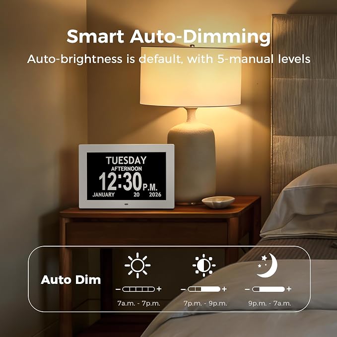 10.1'' Digital Clock With Date And Time, Large Display Dementia Alarm Clock | 1280*800P HD, Easy to See Date Time Day of Week, Reminders & Alarms, Auto DST, Gifts for Alzheimer Dementia Elderly, White