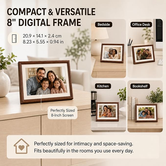 8” WiFi Digital Picture Frame – 100% Real Wood Frame, HD Touchscreen, 16GB Storage, MicroSD/USB-C, Auto-Rotate, App Sharing, Electric Picture Frame Slideshow, Desk & Family Use, Moms Birthday Gifts