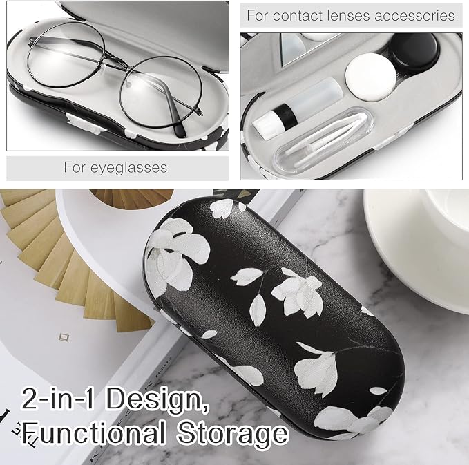 MoKo Double Eyeglass Case, Contact Lens Case with Mirror Tweezers Remover, 2 in 1 Double Sided Portable Contact Lens Box Holder Container Soak Storage Kit Sunglasses Pouch for Men & Women