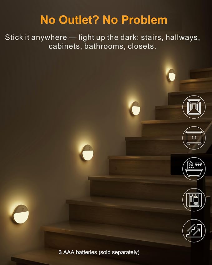2 Pack Motion Sensor Night Light, Gold Yellow, 3 Lighting Modes, Stepless Dimming, Battery-Powered, Dimmable LED, Suitable for Bedroom, Bathroom, Stairs, Corridors, Closets | 3 Modes, Dimmable 1-15lm, Soft Gold Yellow, Smart Bulbs, Wireless Motion Acti...