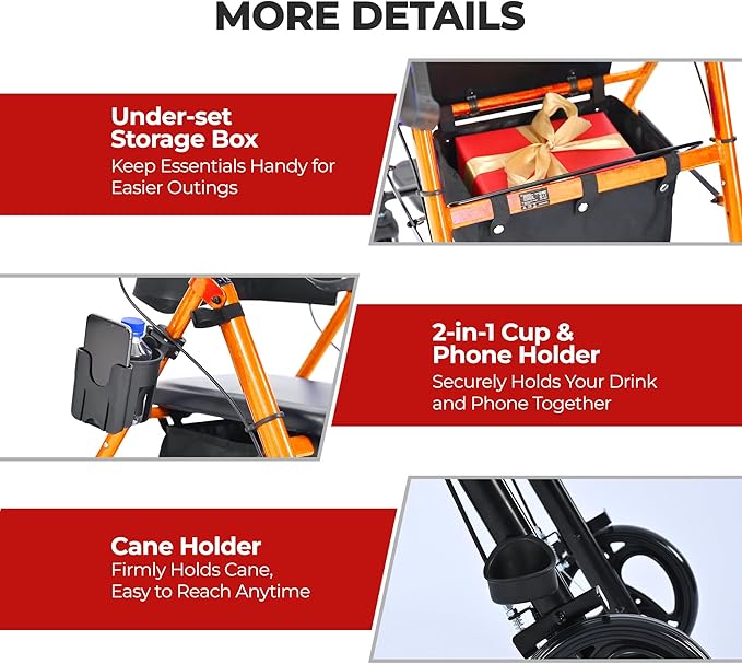 Metro Mobility 2 in 1 Rollator Walker & Transport Wheelchair, Foldable Lightweight Rollator Walker with Seat for Seniors, 8" Big Wheels for All Terrain, 300 lb. Weight Capacity, Orange