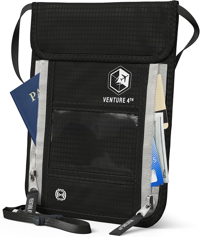 VENTURE 4TH Travel Neck Wallet, RFID Blocking Passport Holder - Black