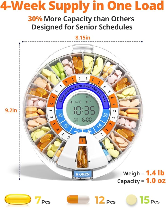 Betife 2nd Gen Automatic Pill Dispenser for Elderly with Alarm | 28 Slots, Key Locked, Alarm & Light Reminder, Mix-Proof, XL Display, 6 Dosage Rings，Easy Setup
