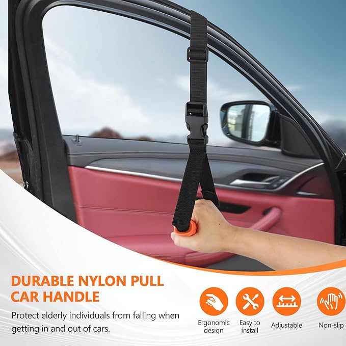 Car Door Handle for Elderly - 2025 New 3-in-1 Car Handle Assist, 2 Pack Auto Cane Portable Vehicle Support Handle Door Assist Bar, Max Load 500 Lbs, Anti-Slip Design (Orange-Car Handle +Strap)