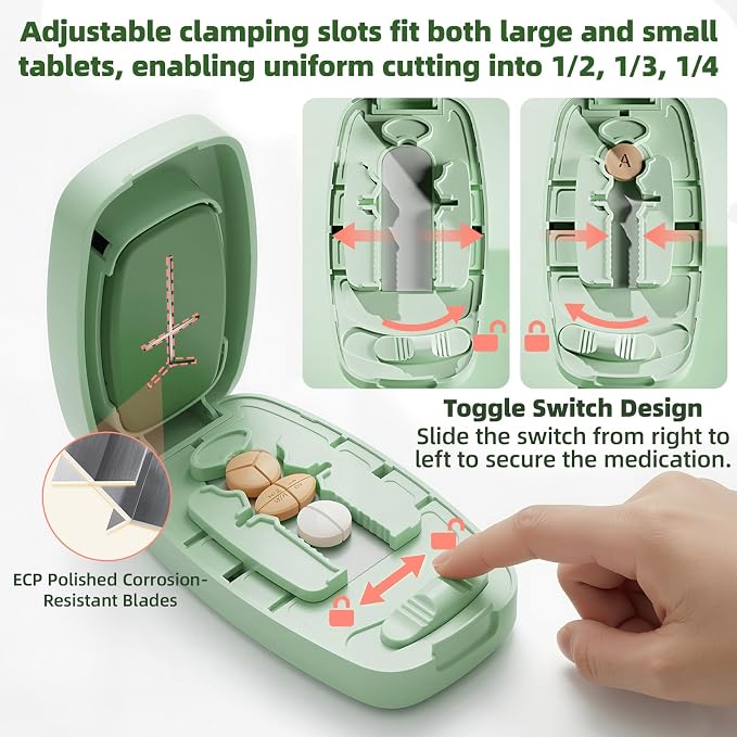 Pill Cutter Splitter with Adjustable Slot, 1/2 1/3 1/4 Even Splitting for Small Large Pills, Oval Long Tablets & Vitamins, Dual Fixing Clips, Multi-Pill Cutting, Hidden Sharp Blade (Green)