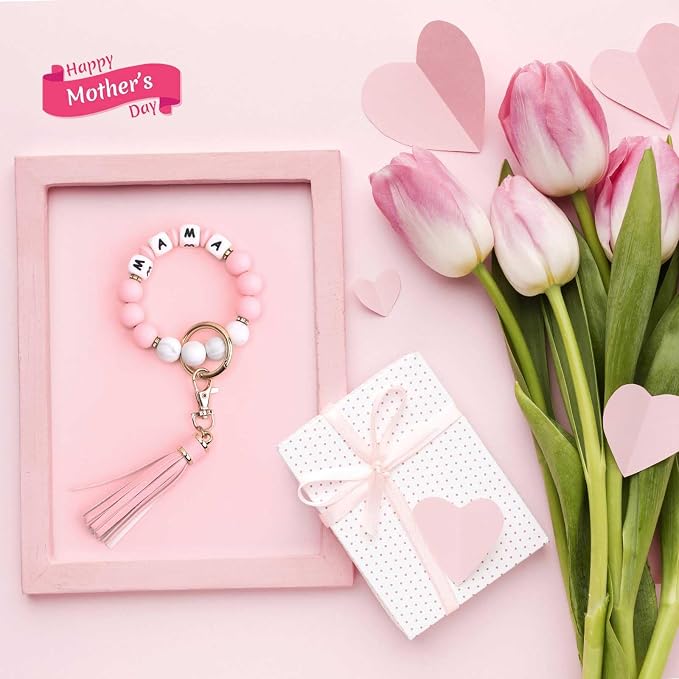 BAOSIWA Silicone Beaded Bracelet Keychain Wristlet Key Ring Bangle Chains for Women with Leather Tassel