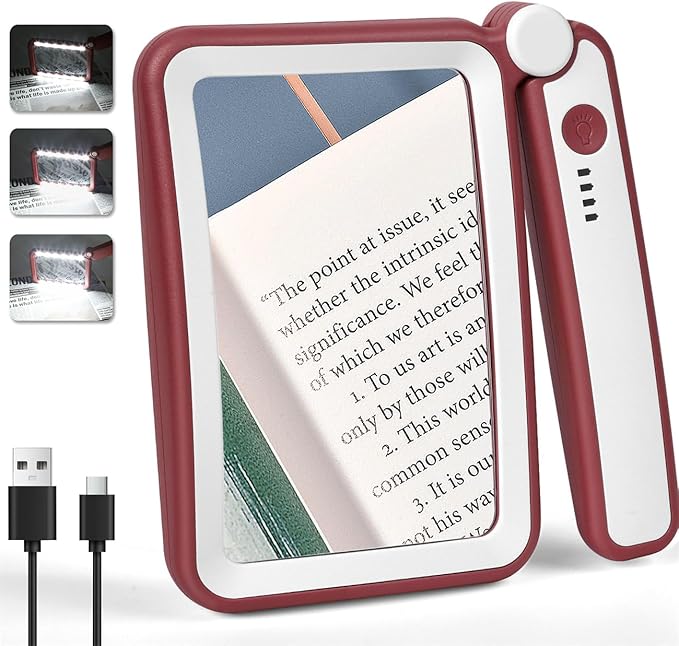 Rechargeable Magnifying Glass with Light for Reading, 5X Large Page Magnifier with LED Lighted for Seniors Low Vision, Folding Handheld Rectangle Magnifier for Reading Small Print, Red-White