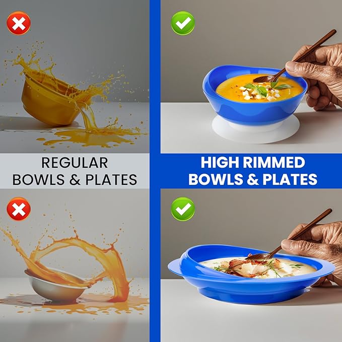 Spill Proof Scoop Plate and Bowl with Non-Skid Suction Base, Adaptive Self-Feeding Dinnerware for Elderly and Disabled
