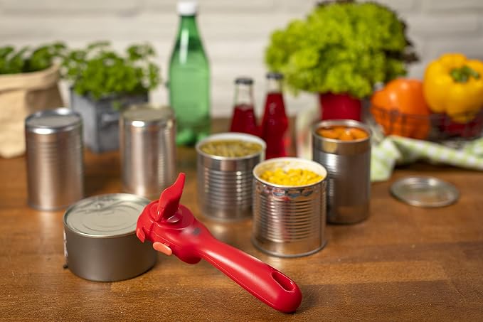Kuhn Rikon Auto Safety LidLifter Can Opener with Ring-Pull Tool – Smooth-Edge Side-Cut Design for Safe, Touch-Free Lid Removal – Easy-Turn Handle, Swiss Engineered, Red