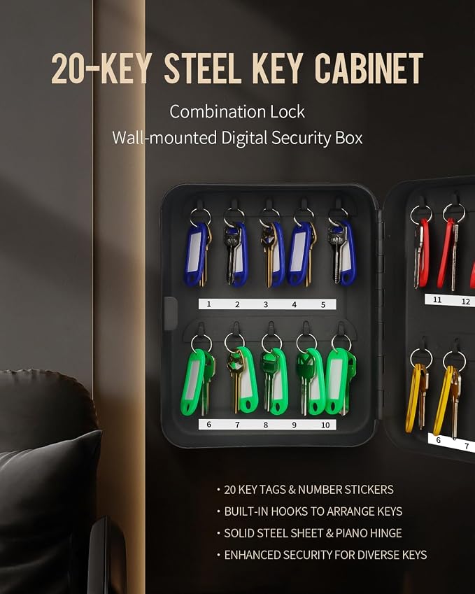 Uniclife 20-Key Steel Key Cabinet, Black Key Box with Combination Lock | Resettable Digital Security Storage Box, Wall-Mounted Key Organizer with Colorful Key Tag Labels for Schools and Companies