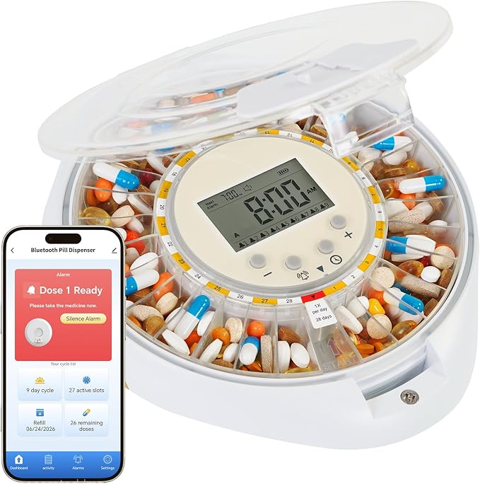 28-Day Bluetooth Automatic Pill Dispenser with App Alert for Caregivers | Adherence History Tracking for Seniors, Top Lock & Ergonomic Curved Lid, 9 Custom Alarms & Clear LCD, Sound-Light Reminders