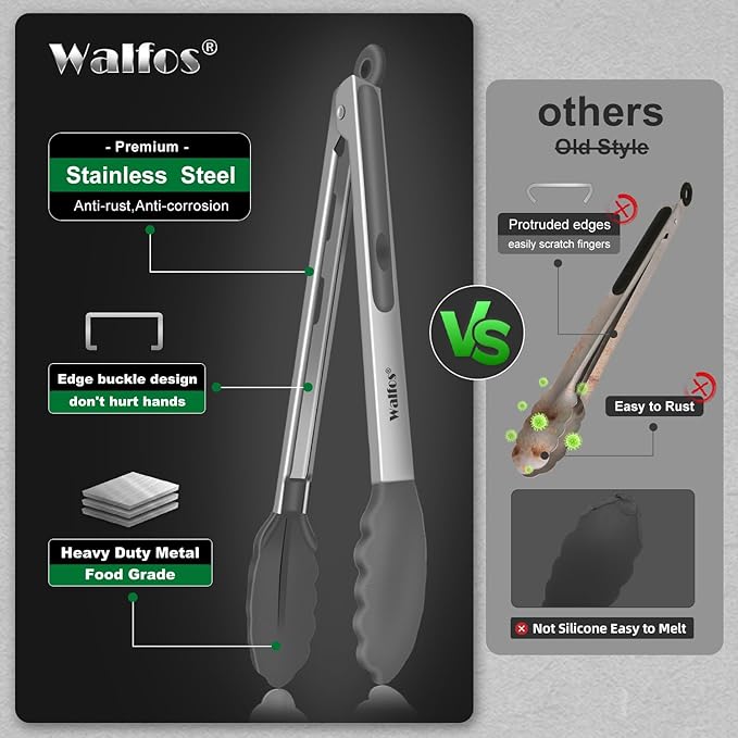 Walfos 600 Degree Heat Resistant Silicone Tongs for Cooking - Kitchen Tongs With Silicone Tips set of 3 size Food Looking Tongs (7" 9" and 12 inch Dark Grey)
